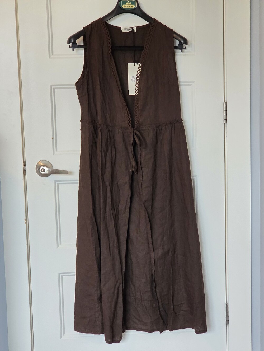 ​NWT Brown Italian Linen/Cotton Blend Crochet Trim Front Tie Duster Dress S